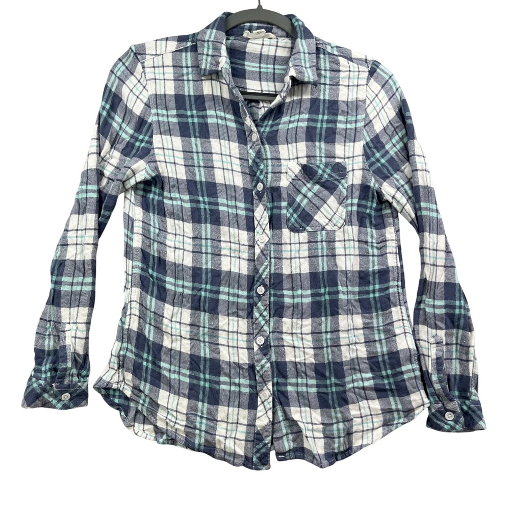 BeachLunchLounge Flannel Shirt Women SP Blue White Mint Green Casual Cabin Camp